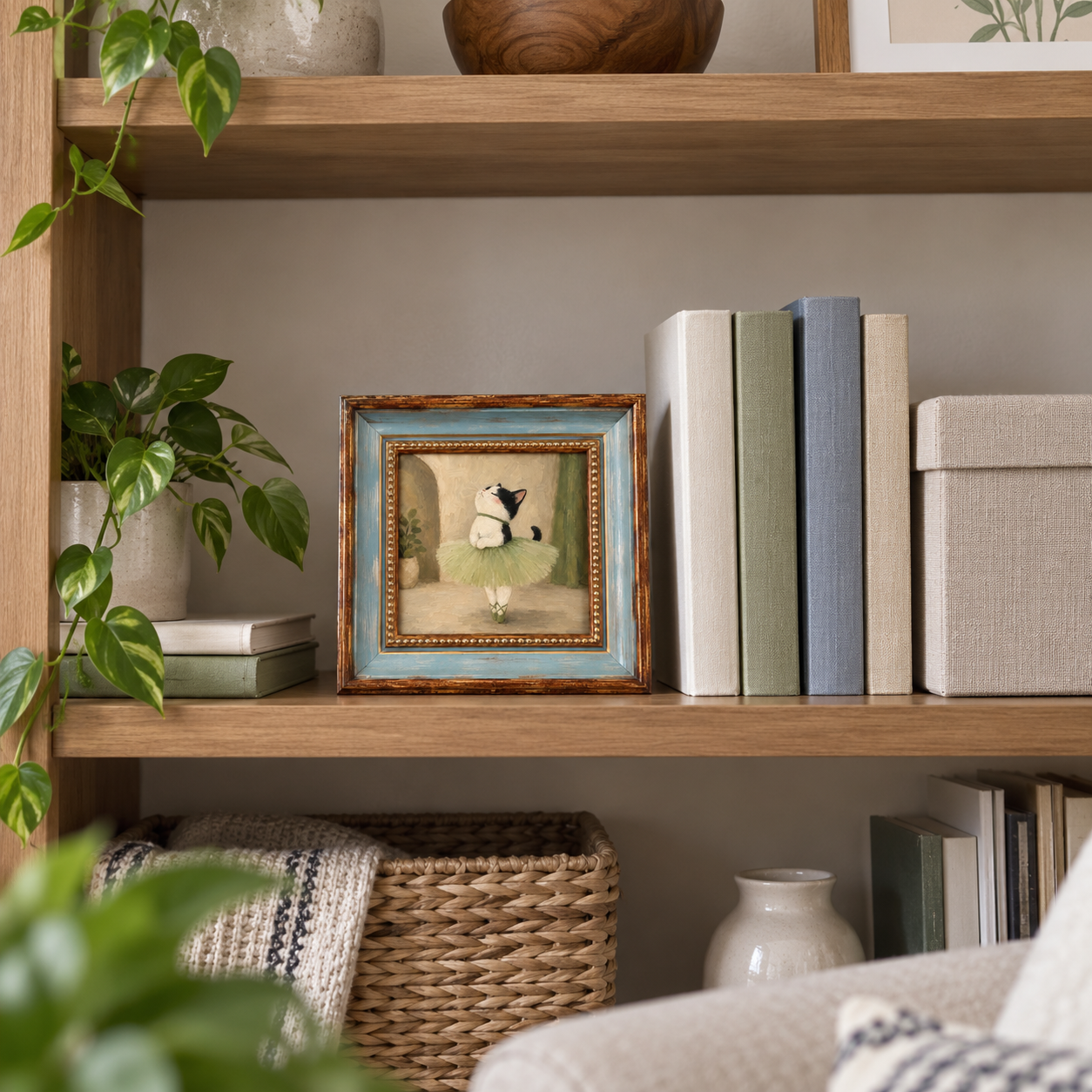 Framed oil painting of a tuxedo cat dressed as a ballerina, displayed on a bookshelf.