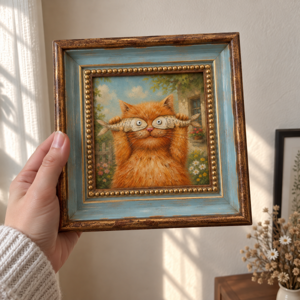 Framed oil painting of an orange tabby cat holding two fish across its eyes, held in a hand.