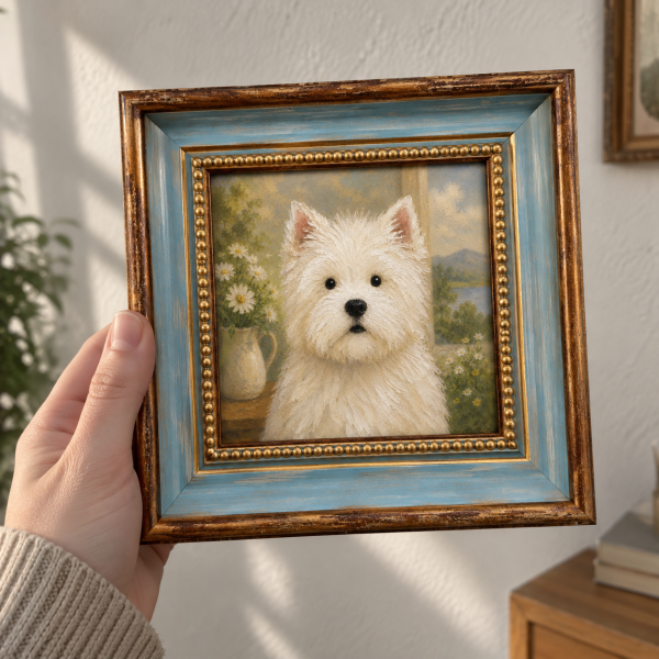 Framed oil painting of a West Highland white terrier, held in a hand.