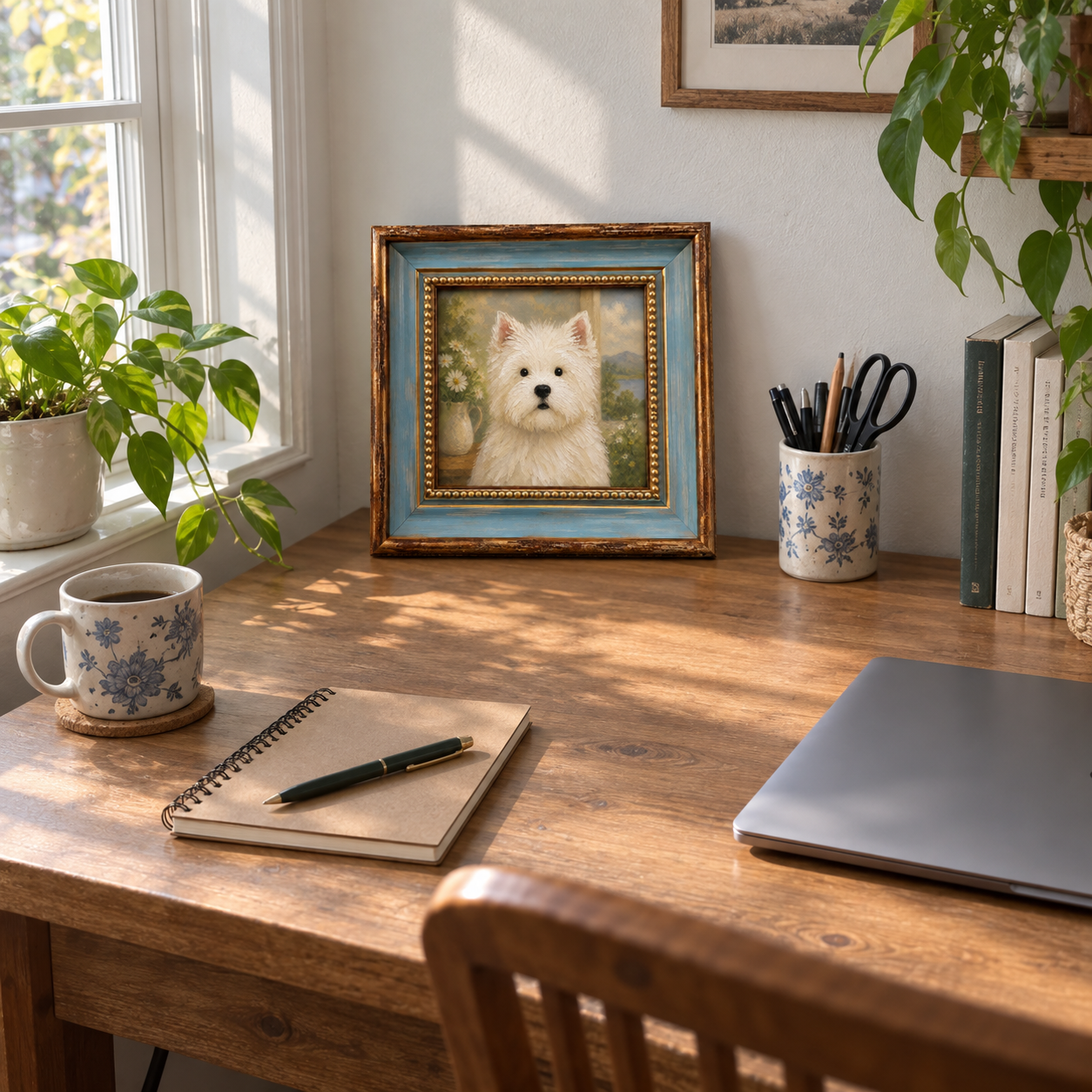 Framed oil painting of a West Highland white terrier, displayed on a wooden desk.