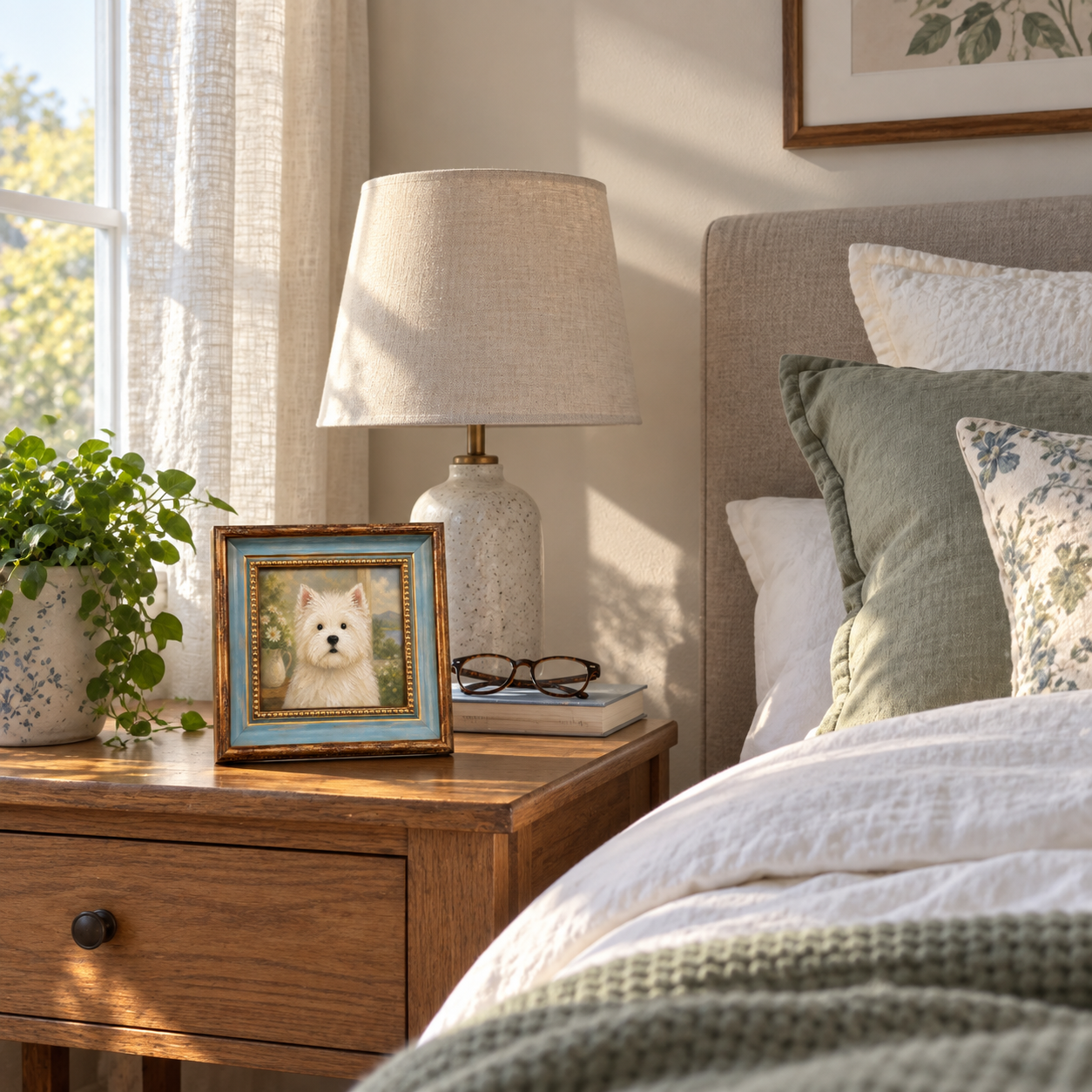 Framed oil painting of a West Highland white terrier, displayed on a bedside table.