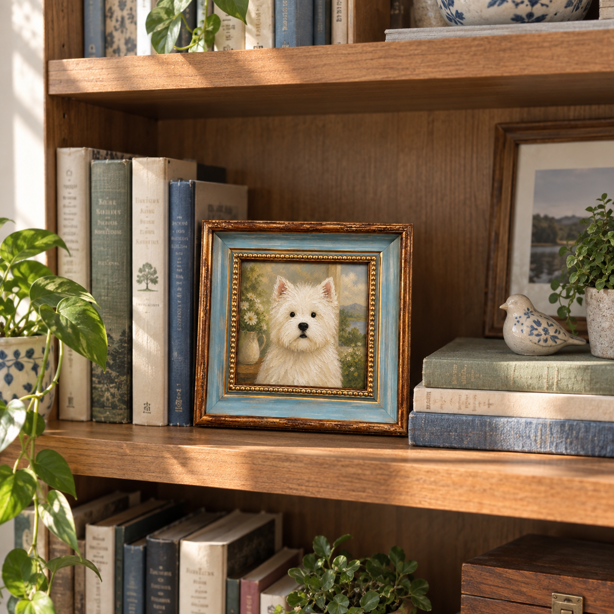Framed oil painting of a West Highland white terrier, displayed on a bookshelf.
