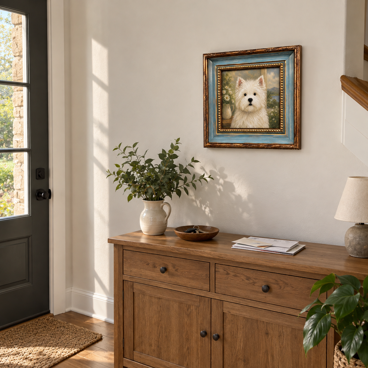 Framed oil painting of a West Highland white terrier, displayed on an entryway wall.
