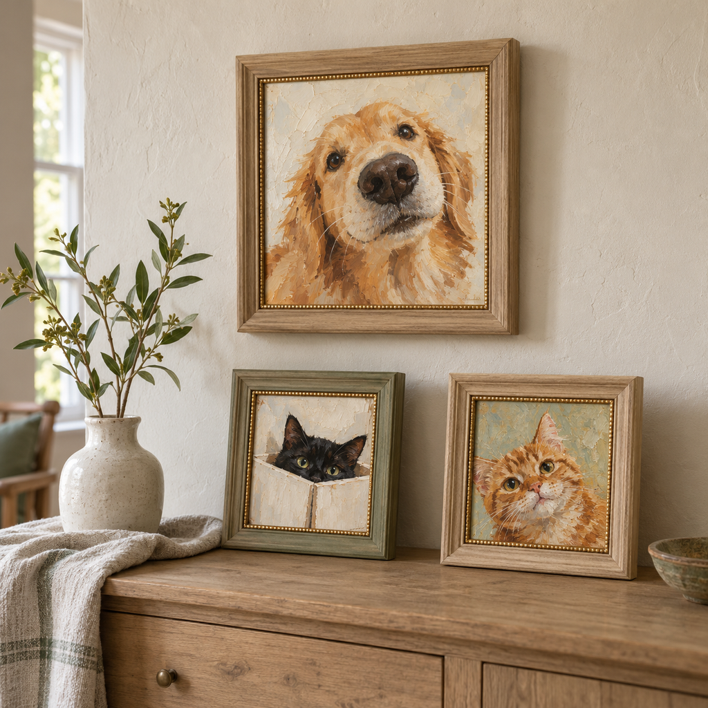 Three framed pet oil paintings displayed on an oak sideboard in a warm, sunlit room.